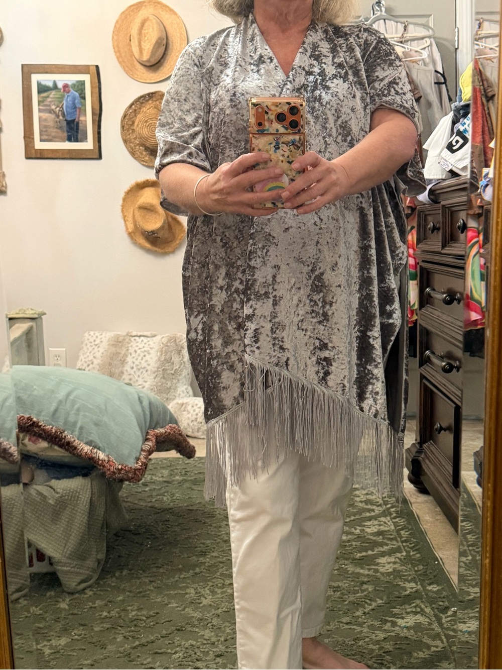 OS David and Young oily velvet tunic fringed Light Gray. BOHO